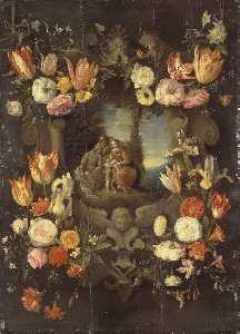 santa familia enmarcado  enestado  flores