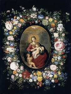 圣母子 与 婴儿 圣约翰  在 鲜花花环