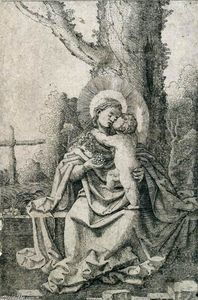 a virgem e o menino sentado abaixo de uma árvove