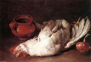 Натюрморт с курицей, луком и горшок