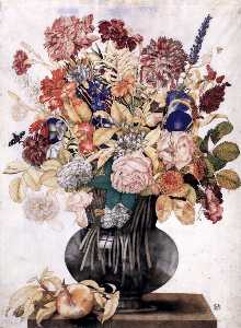 Vase with Flowers, a Peach and a Butterfly