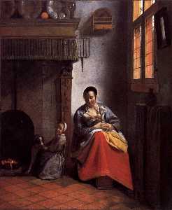 A Woman Nursing an Infant with a Child and a Dog