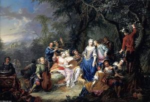 Elegant Company with Figures Playing Musical Instruments