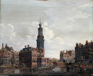 アムステルダムムント塔とシンゲルの表示