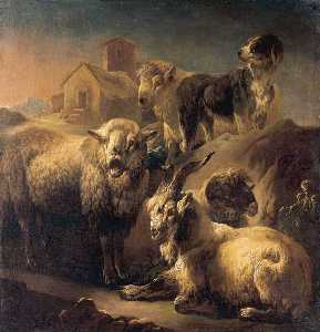 Une Chèvre , Les moutons et les une chien de repos idans un paysage