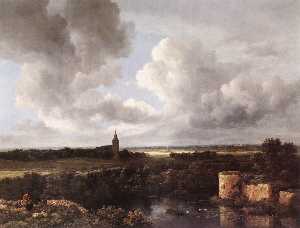 An Extensive Landscape with a Ruined Castle and a Village Church