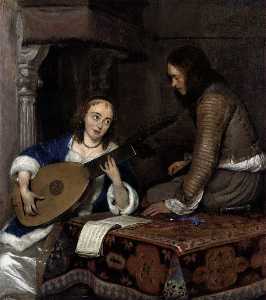 Woman Playing the Theorbo-Lute and a Cavalier