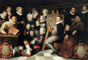le peintre peinture  entouré  par de  son  famille