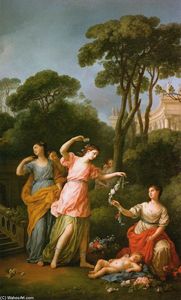 griega doncellas Adornando un cochecama Cupido enestado flores