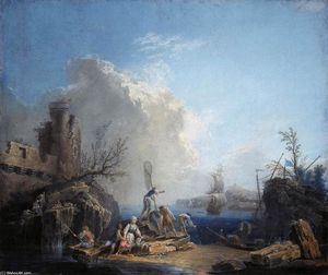 Seascape with Fisherman on a Rocky Shore
