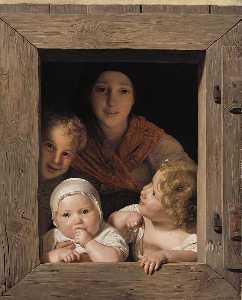 молодой крестьянская Женщина с Три Детей в окно