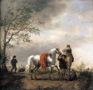 cavalier-holding Ein  Gesprenkelt  grau  pferd