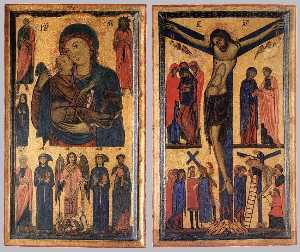madonna et l'enfant avec saints et crucifixion