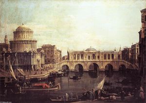 Capriccio : le grand canal , avec un pont du rialto imaginaire et d autres bâtiments