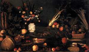 bodegón con flores y frutas