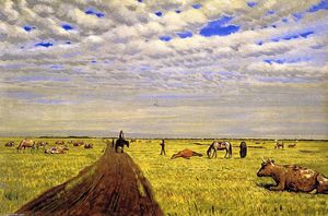 Manitoba Prairie Scene with Three Figures, Horses and Cattle