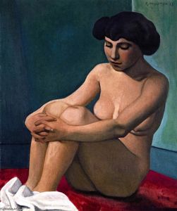 裸体 年轻  女人  坐在  对  一个  红  地毯