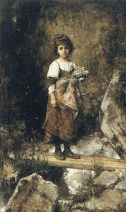 Ein Bauer Mädchen an ein Fußgängerbrücke