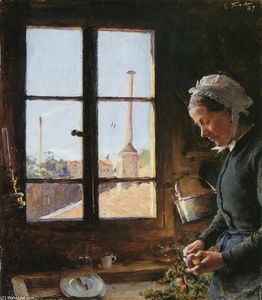 Portrait de sa mère épluchant Navet un, devant une fenêtre