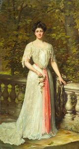 Un retrato de un dama con un vestido blanco con un el marco rosado por una balaustrada