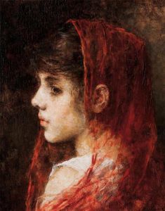 Ritratto di una giovane ragazza con una velo rosso