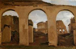Roma - el coliseo Visto a través de los arcos de los basílica de constantino