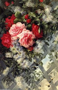 Las rosas La Francia asícomo Jack Narices enestado Clemátide en un Latice Trabajo , Nadie . 36