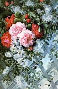Rosen La Frankreich und Buchse Rosen mit clematis