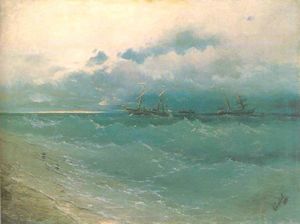 The ships on rough sea, sunrise