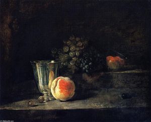 Silver Goblet, Peach, White and Red Grapes, and Apple