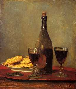 natura morta : Due Vetro di rosso vino , una bottiglia di vino , un Cavatappi e un Piatto di Biscotti su un Vassoio