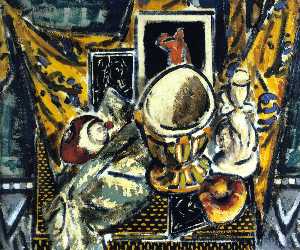 Still LIfe with Candlestick, Brass Bowl, and Yellow Drape