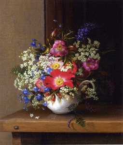 Still Life with Dog Roses, Larkspur and Bell Flowers in a White Cup