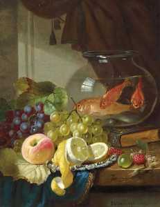 Still Life with Fruit and Goldfish in a Bowl on a Ledge