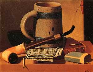 натюрморт с трубкой , Пиво Глиняная пивная кружка , Газета , Книги и Матчи