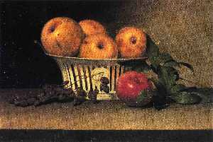 bodegón con Pasas , amarillo y rojo Manzanas en porcelana Cesto