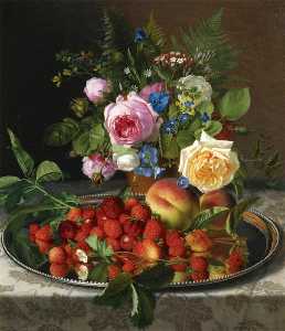 Still life with roses and strawberries on a silver salver (also known as Natures Rewards)