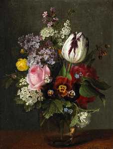 A still life with a rose, a tulip, pansies and other flowers in a glass vase