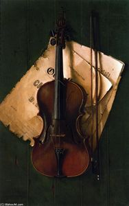 bodegón con violín Arco  asícomo  hoja  Música