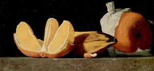 Sostentamento, una Natura morta con arance e una banana