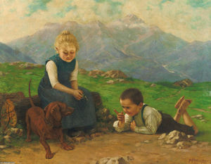 Two children on a mountain, educating a dachshund