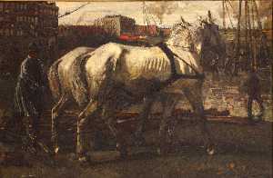 deux blanc  chevaux  tirant  des postes  dans  à Amsterdam