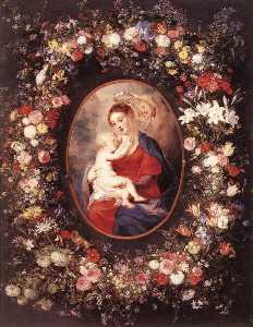 la virgen y el niño en un Guirnalda de la flor