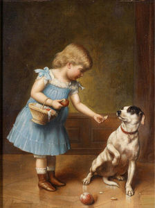 niña joven alimentación un perro