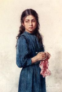 A Young Girl Knitting