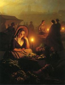 un joven chica venta de verduras en el mercado de la noche , con el presa palace y el nieuwe kerk a lo lejos , Ámsterdam