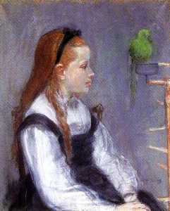 年轻的女孩 与  一个  鹦鹉