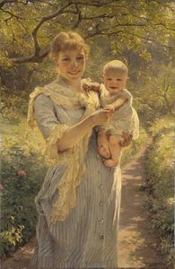 jeunes mère avec  elle  enfant  dans  la  jardin