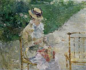 Молодая женщина шитья в  тот  Сад