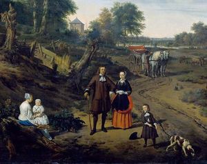 Ritratto di una coppia con due i bambini e un bambinaia in un paesaggio ( particolare )